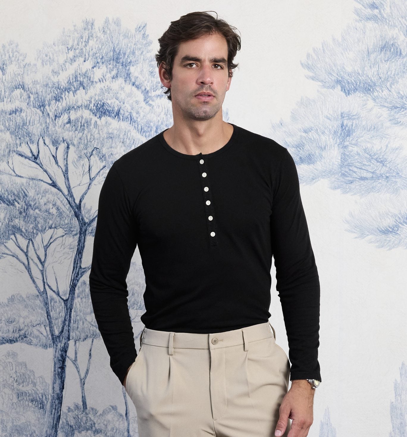 Organic Hemp Cotton L/S Camisa Henley Black