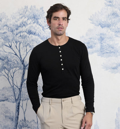 Organic Hemp Cotton L/S Camisa Henley Black
