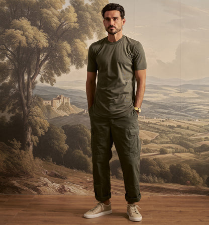 Organic Cotton Monogram Camisa Crew Olivo